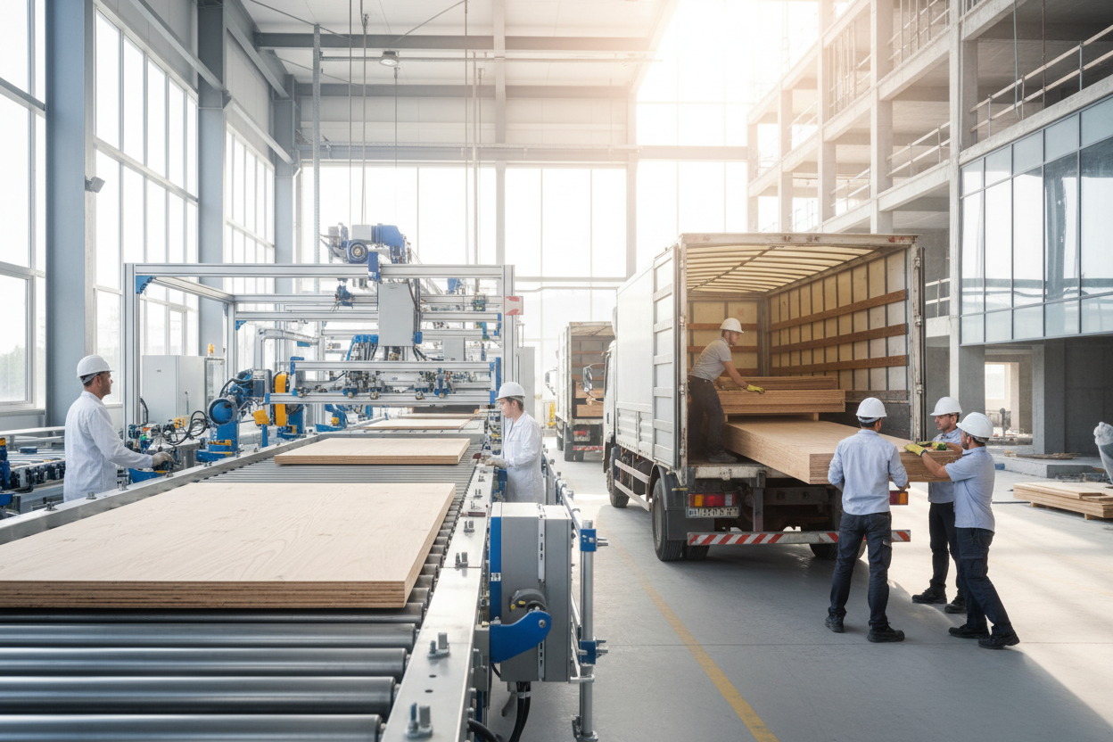 Professional grade plywood and timber boards in seamless motion—from automated factory conveyors, through dynamic truck loading, to direct handover at a modern construction site. Clean, sharp, daylight. Conveys efficiency, quality, and direct supply—no warehouses, no middlemen, no logos. Cinematic flow, professional tone.
--ar 16:9 
